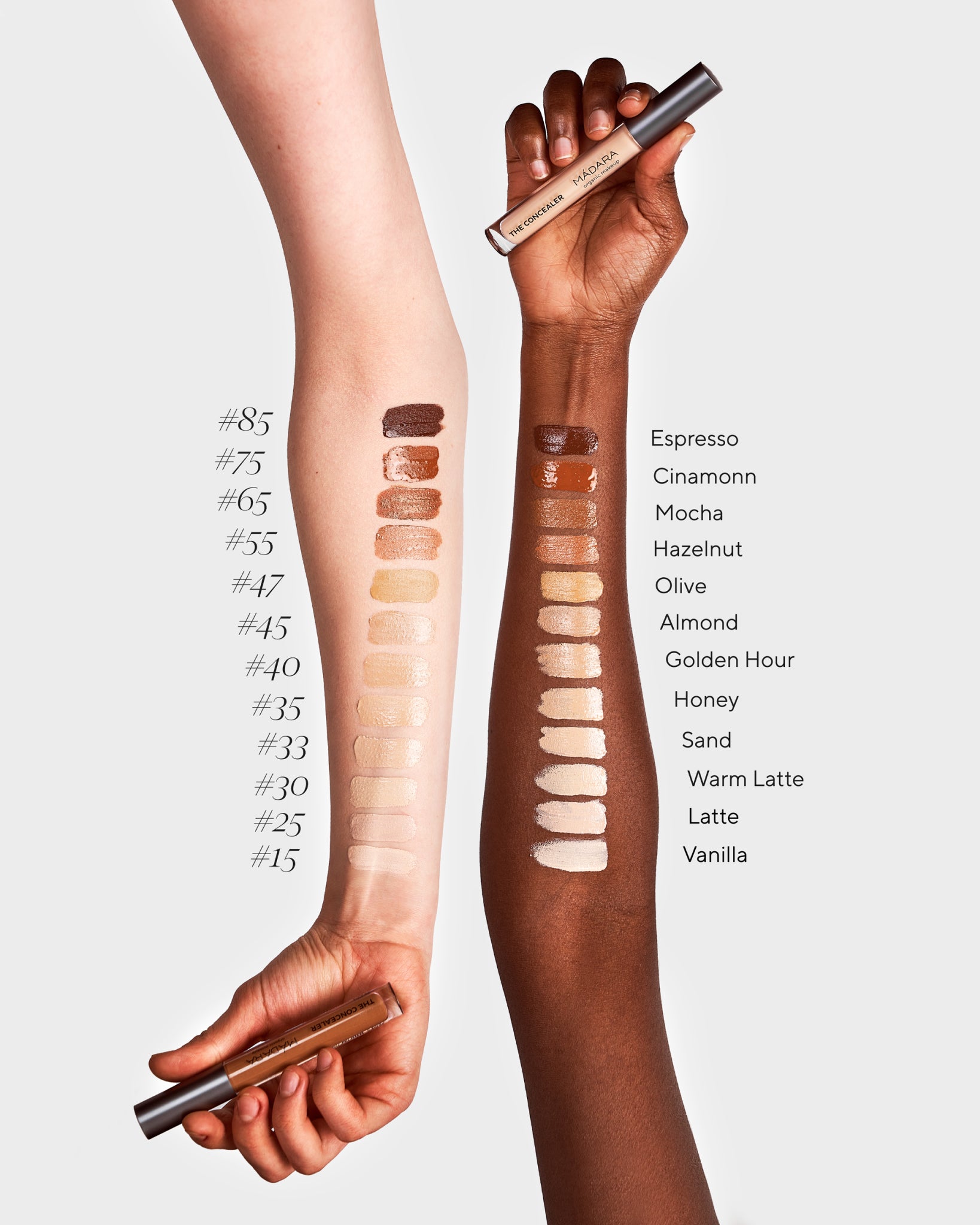 Texture close-up of MÁDARA Organic Skincare concealer swatches A6102 concealer �swatch demonstrates consistency and finish.