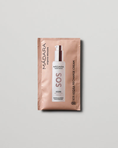 MÁDARA Organic Skincare sos hydra recharge cream 2ml SC3011 2 face cream product photo on plain background.